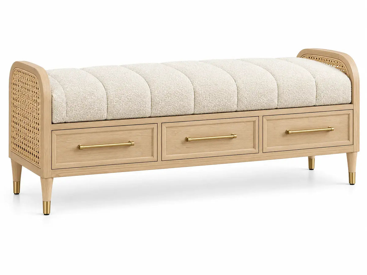 Panca, tre cassetti e seduta imbottita, marrone/beige