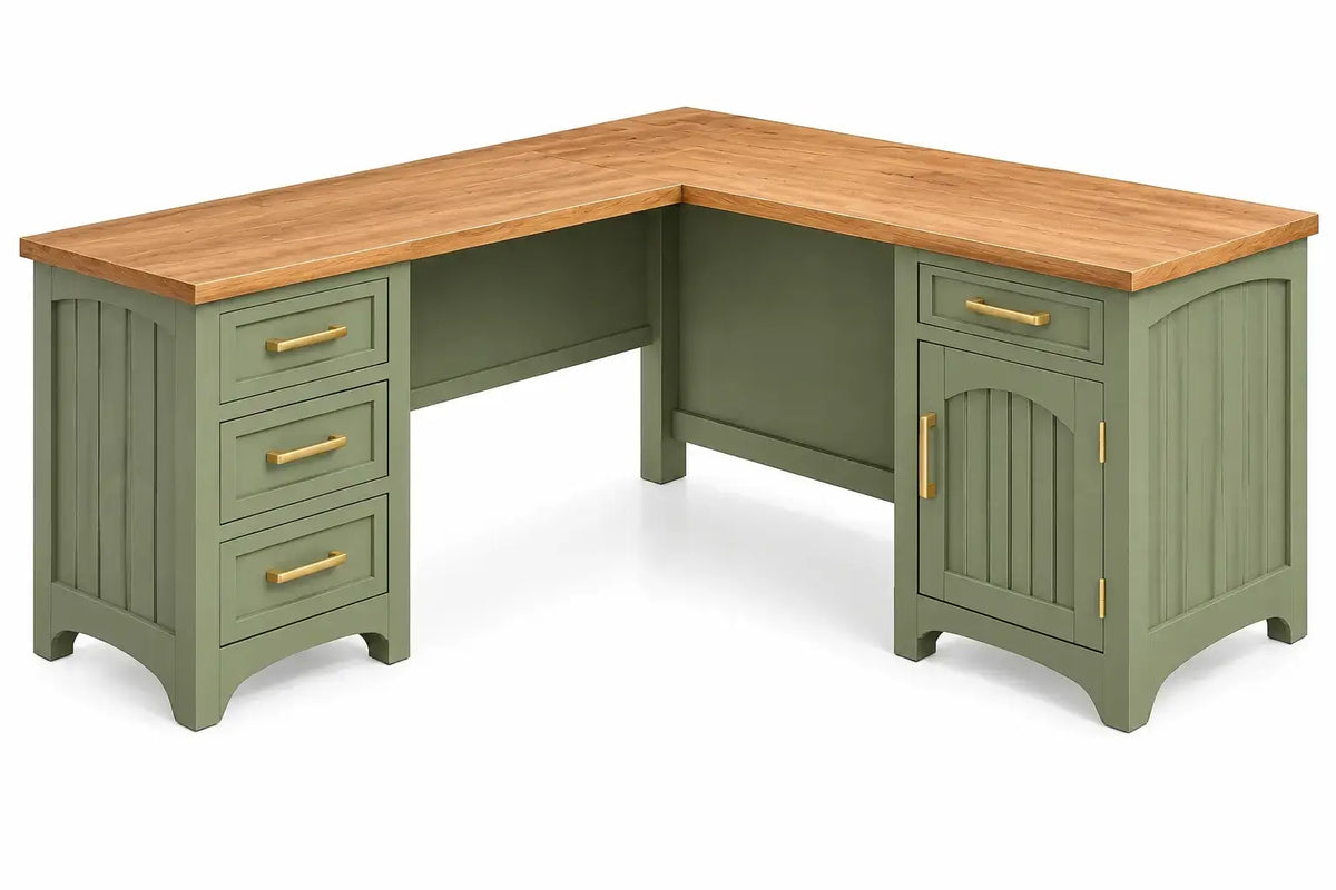 Scrivania, forma angolare con cassetti e anta laterale, verde/marrone