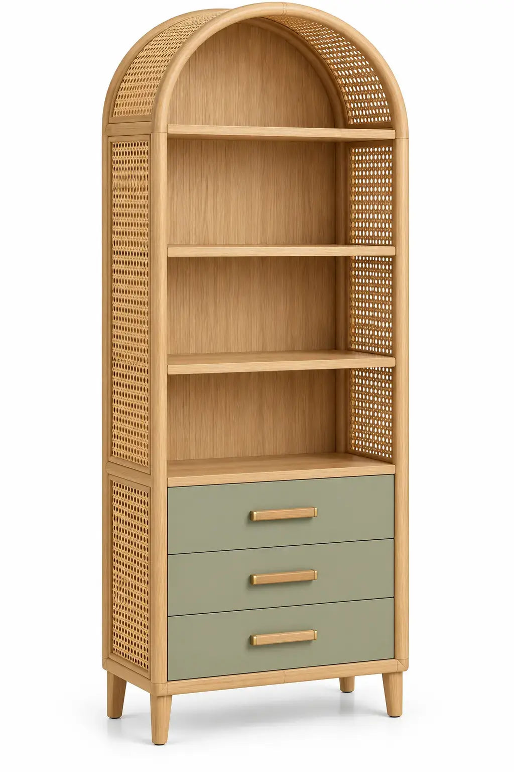 Libreria, profilo ad arco e tre cassetti inferiori, marrone/verde